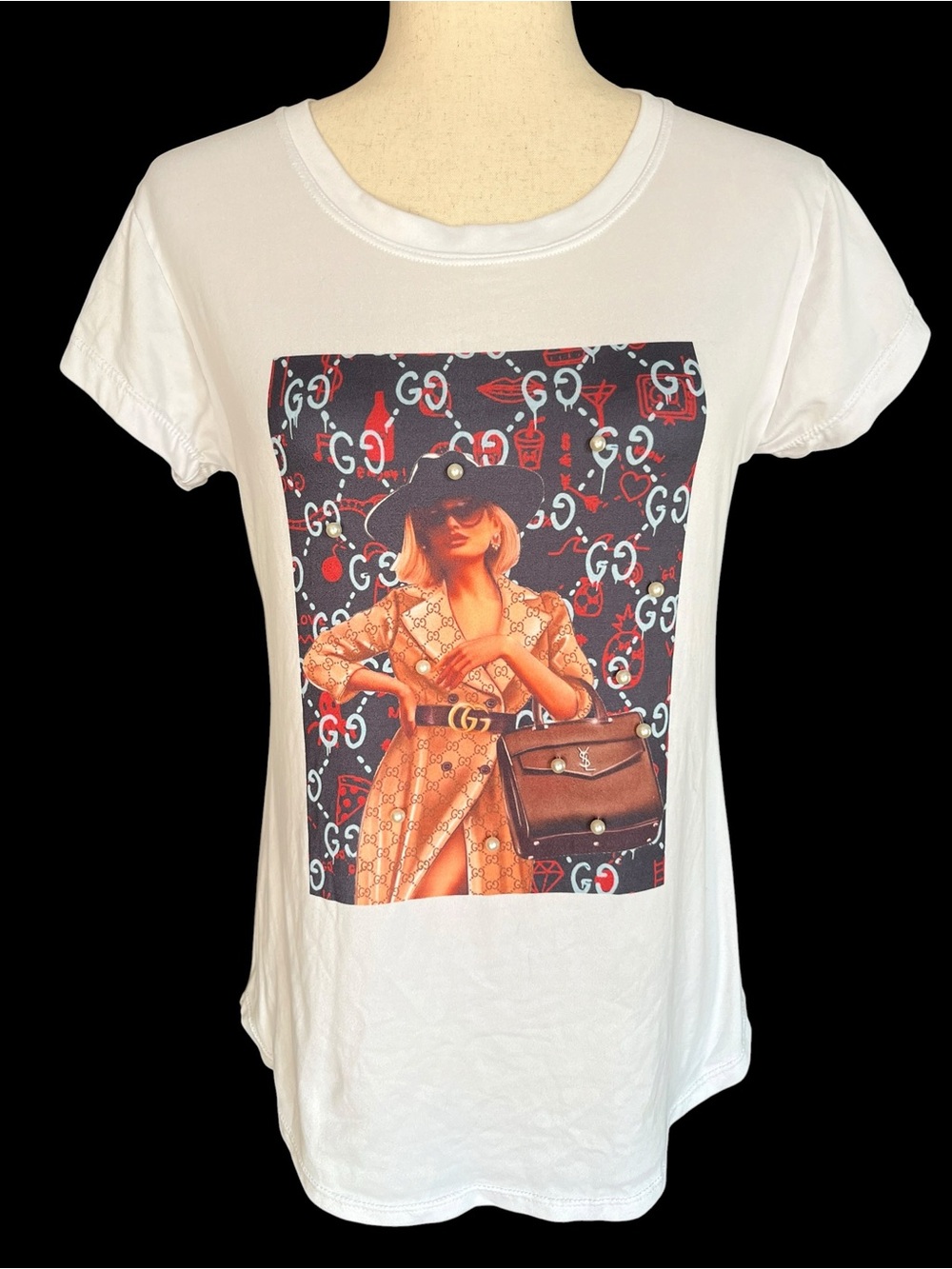 Unbranded Novelty Monogram Trench Graphic Tee with Pearl Accents